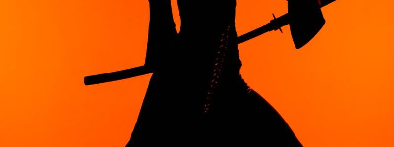 A powerful yoga warrior pose silhouetted against a simple background.